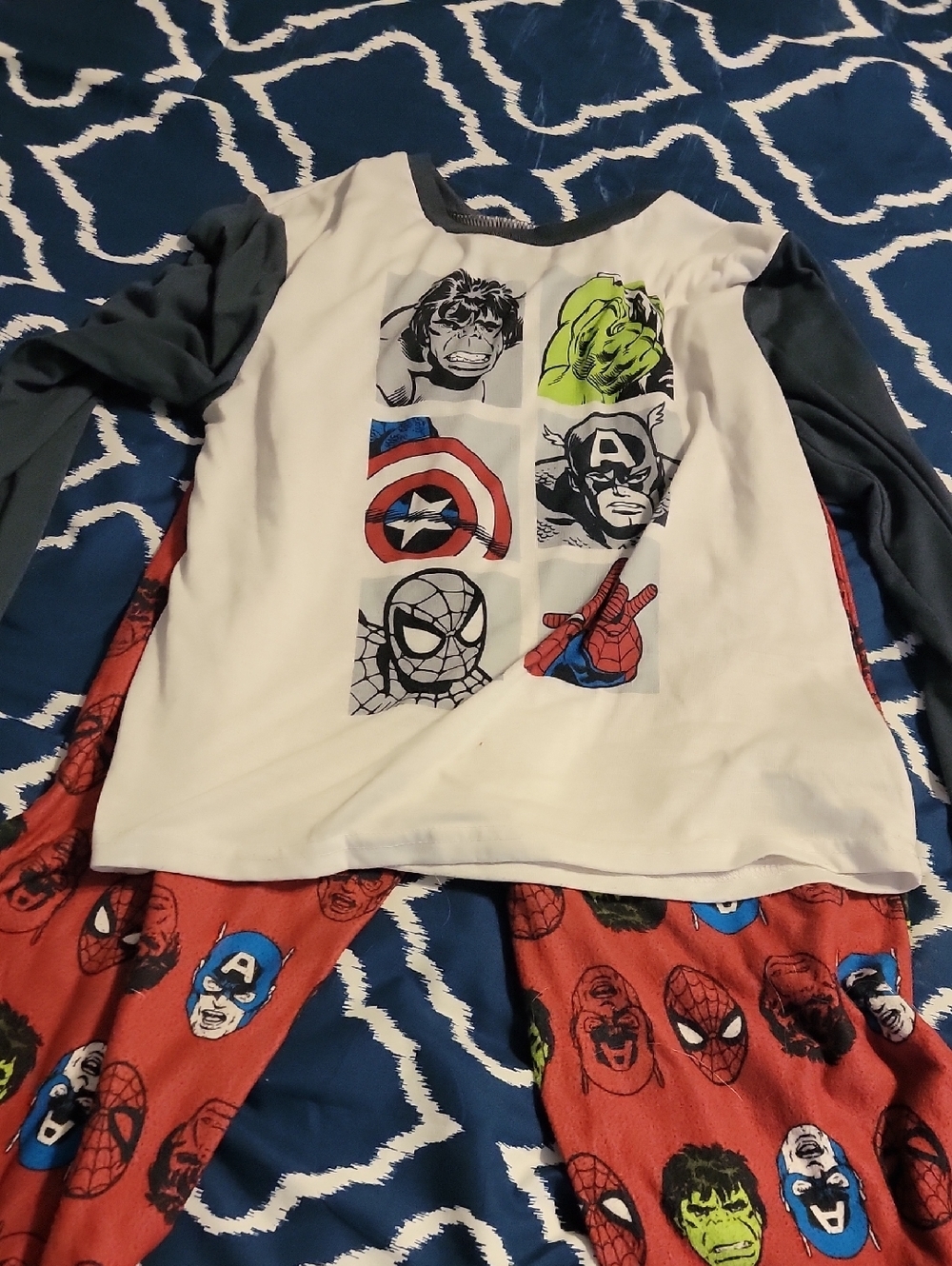 Marvel Boys' White and Navy Superhero Pajama Top and Red Character Pants